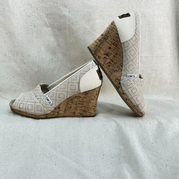 Toms Women's 6 Stella Cream Woven Peep Toe Sandals 3.5" Cork Wedge Heels - Picture 6 of 8